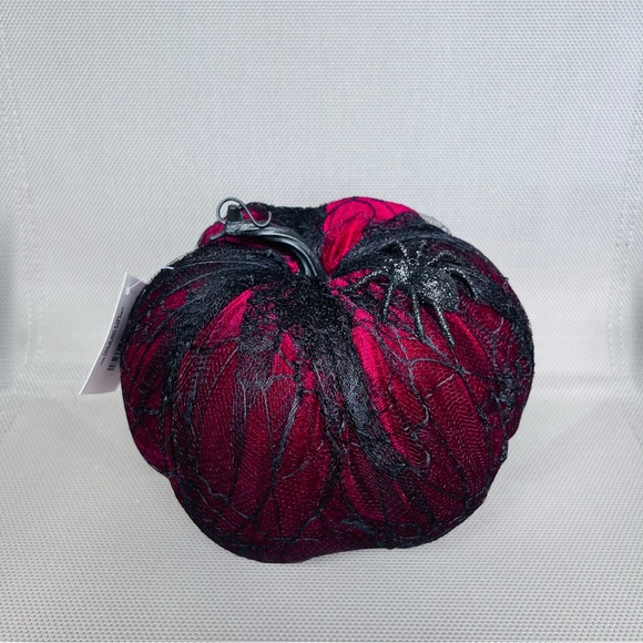 NWT Dark Red Velvet Spiderweb Lace Glitter Embellished Halloween Decor Pumpkin - Picture 7 of 15